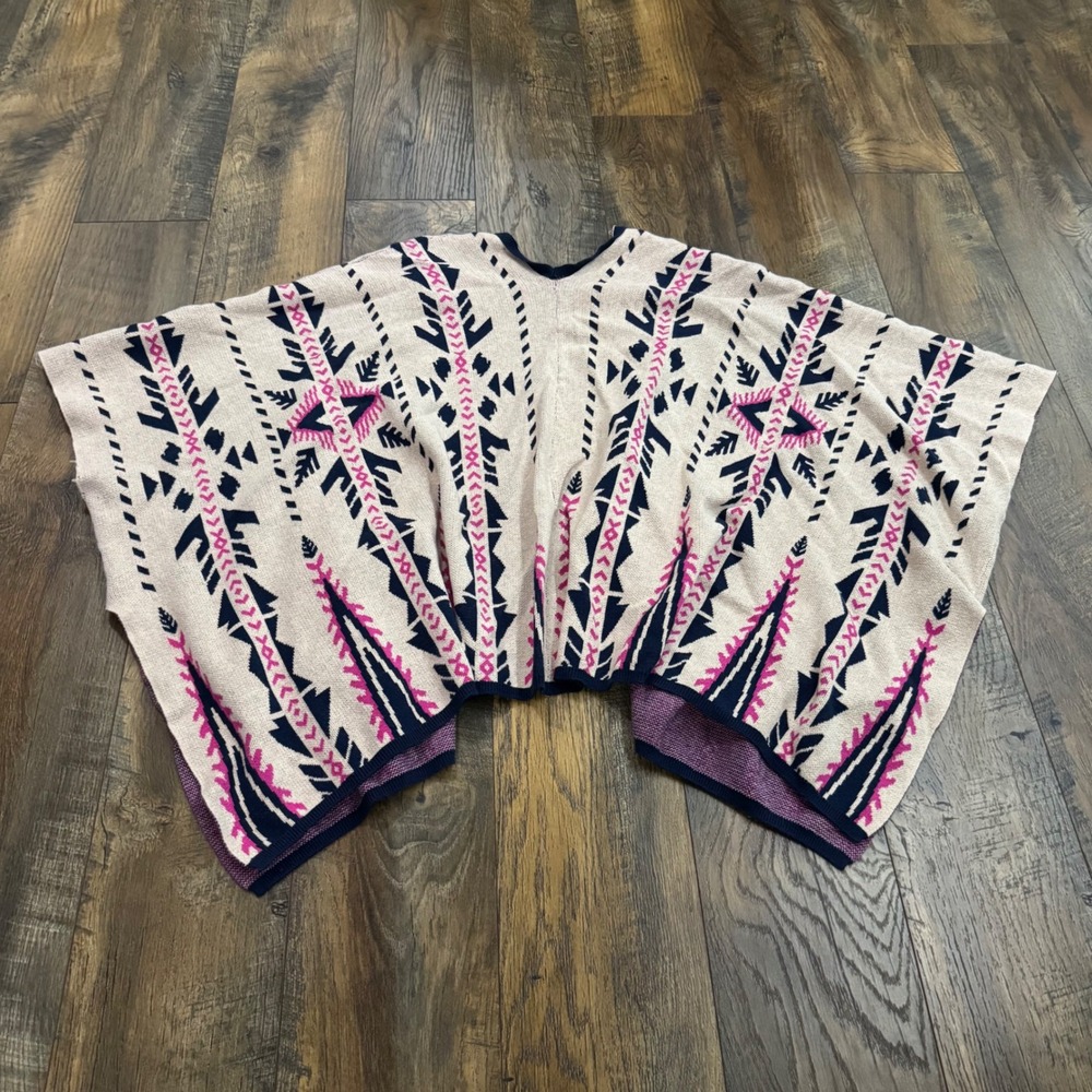 Flying Tomato Aztec Southwestern Open Front Knit Poncho Cardigan M/L Boho Cotton